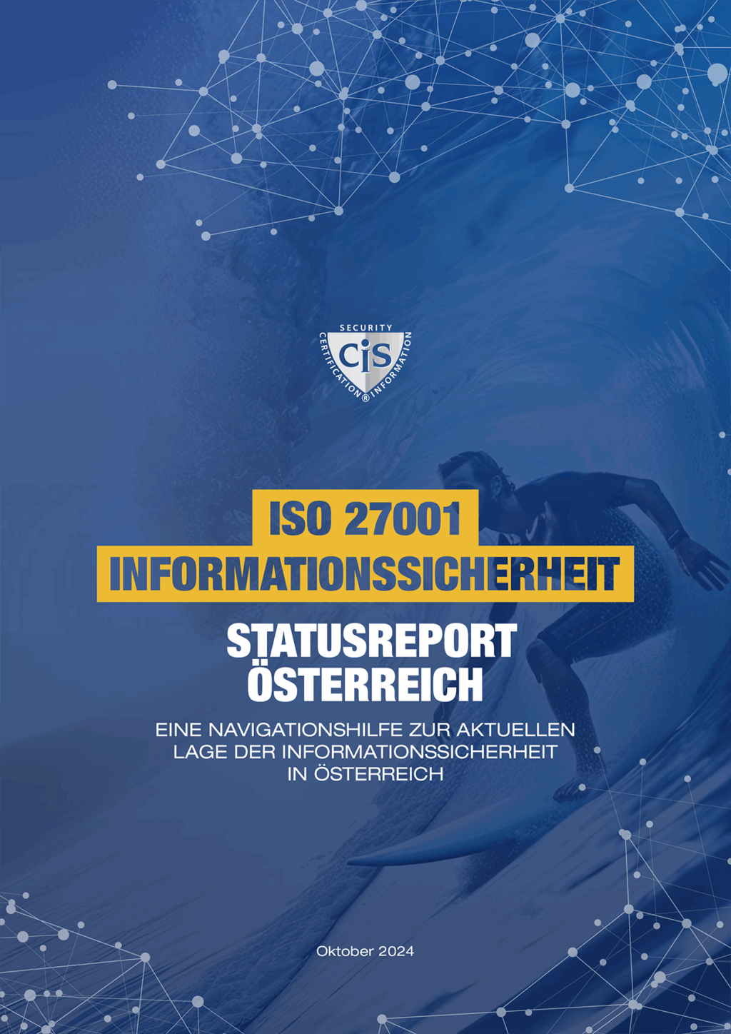 Cover des CIS ISO 27001 Statusreport, blauer Hintergrund mit Schriftzug des Titels